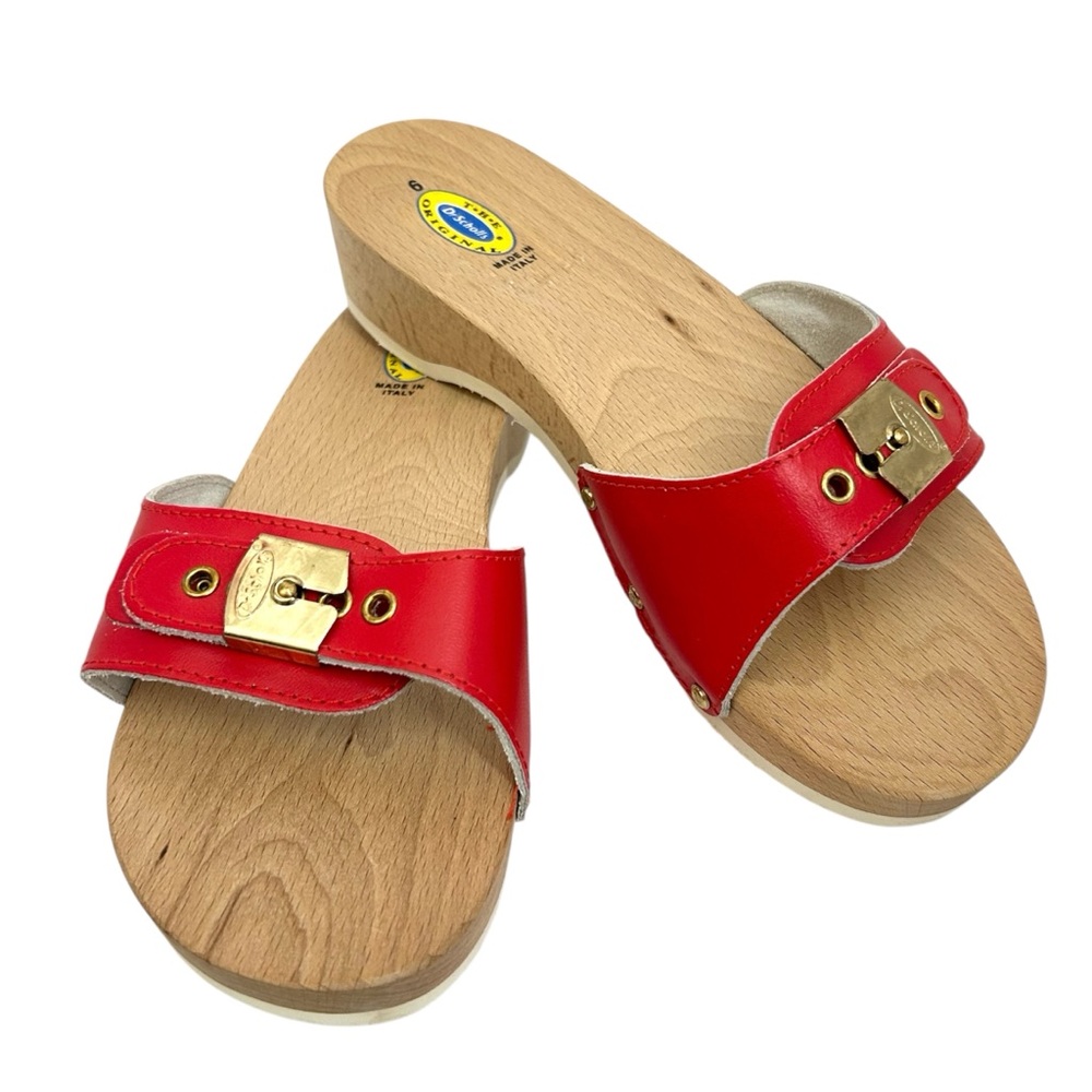 Vintage Dr Scholls Women Original Wooden Exercise Sandals Red Size 7 Italy NEW